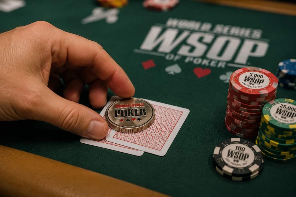 Poker card protector in use at the WSOP.