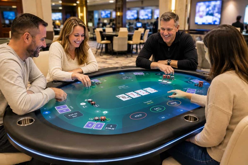 Poker players at a dealerless poker table.