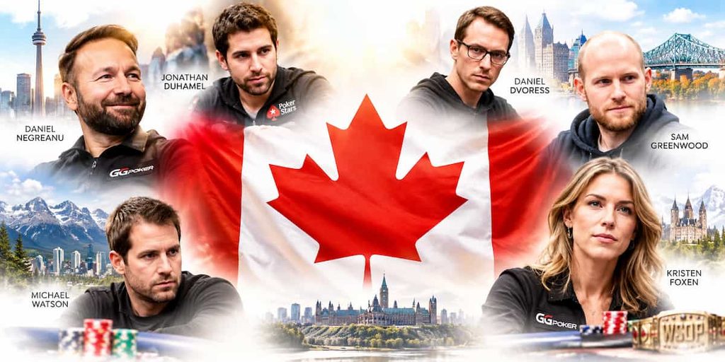Canadian poker players surrounding the flag of Canada.