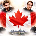 Canadian poker players surrounding the flag of Canada.