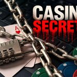 Casino Secrets graphic showing a chained laptop, playing cards, poker chips and a padlock, with leaking digital text.