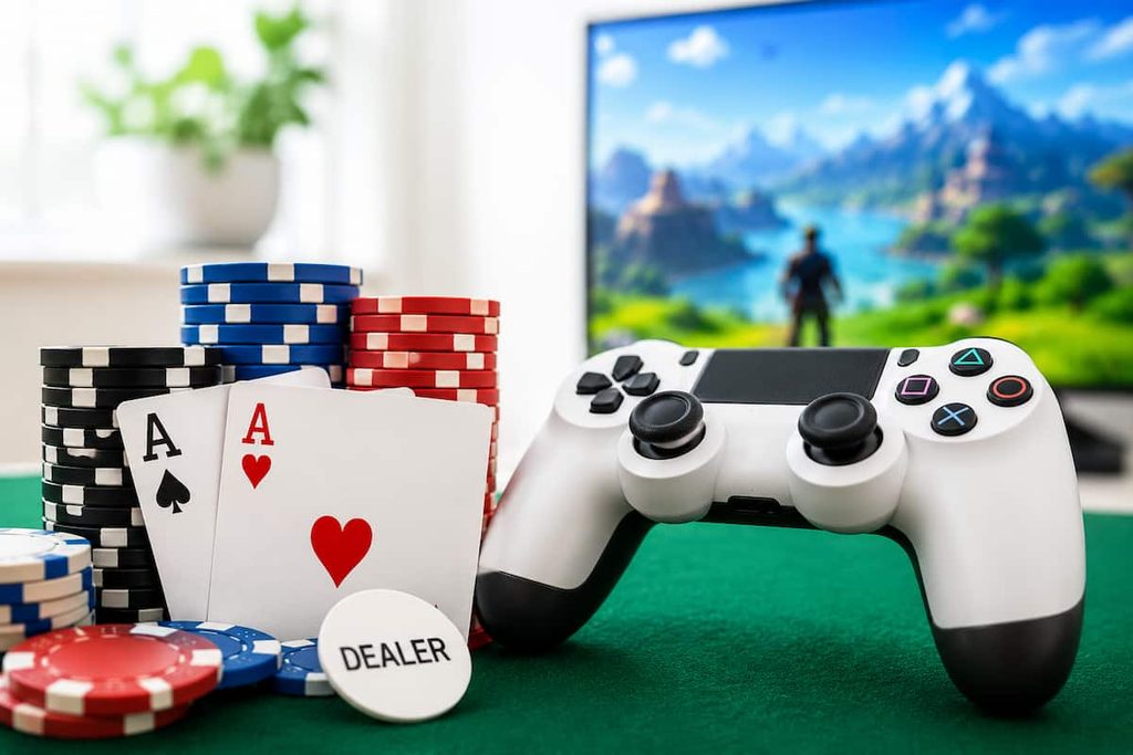 Poker cards, chips, and a video game handset.