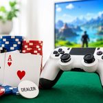 Poker cards, chips, and a video game handset.