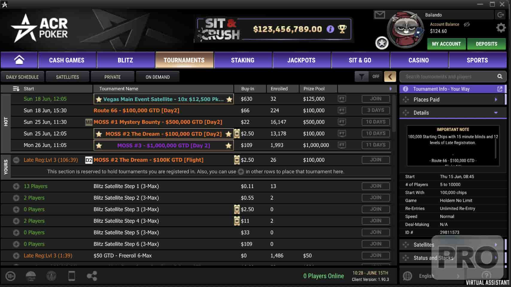ACR Poker tournament lobby
