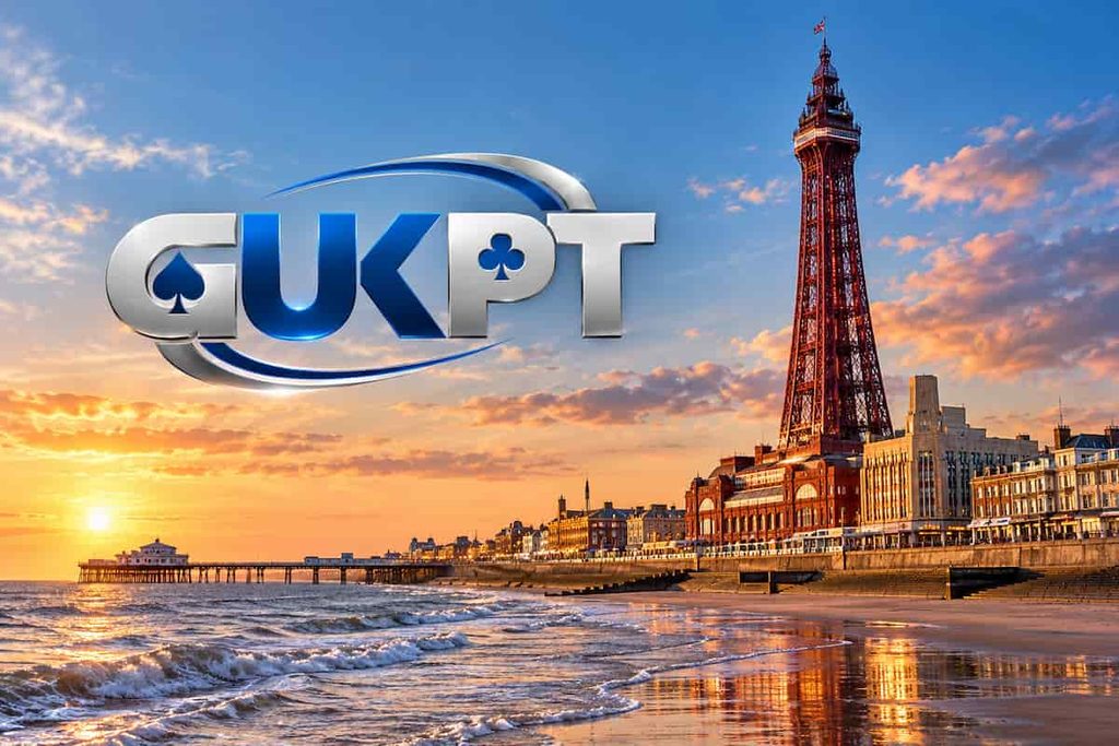 Blackpool Tower overlooking the seafront at sunset, with the GUKPT poker tour logo displayed prominently against the sky.