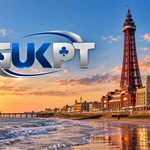 Blackpool Tower overlooking the seafront at sunset, with the GUKPT poker tour logo displayed prominently against the sky.