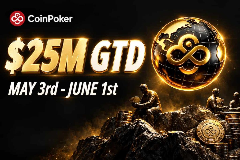 CoinPoker $25M GTD tournament promotion featuring the CoinPoker logo, gold globe, poker player statues and stacks of chips.