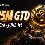 CoinPoker $25M GTD tournament promotion featuring the CoinPoker logo, gold globe, poker player statues and stacks of chips.