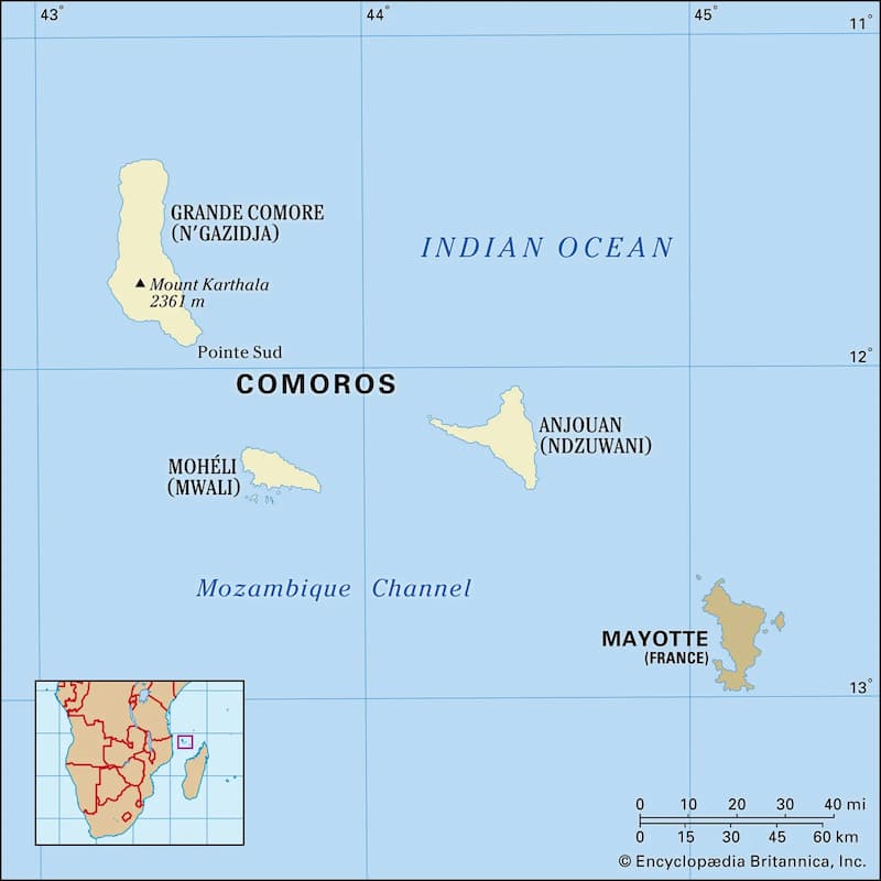 The Indian Ocean, with the Comoros Islands including Anjouan.
