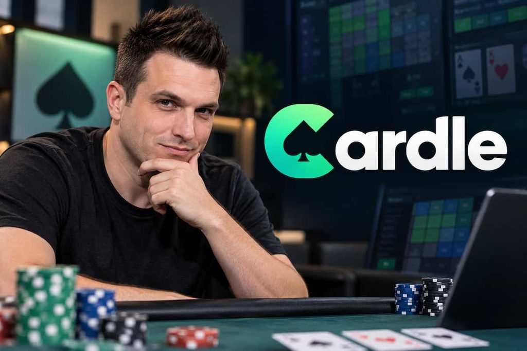 Doug Polk alongside the Cardle poker strategy game logo, promoting the free daily five-hand poker training challenge from Lucid Poker.