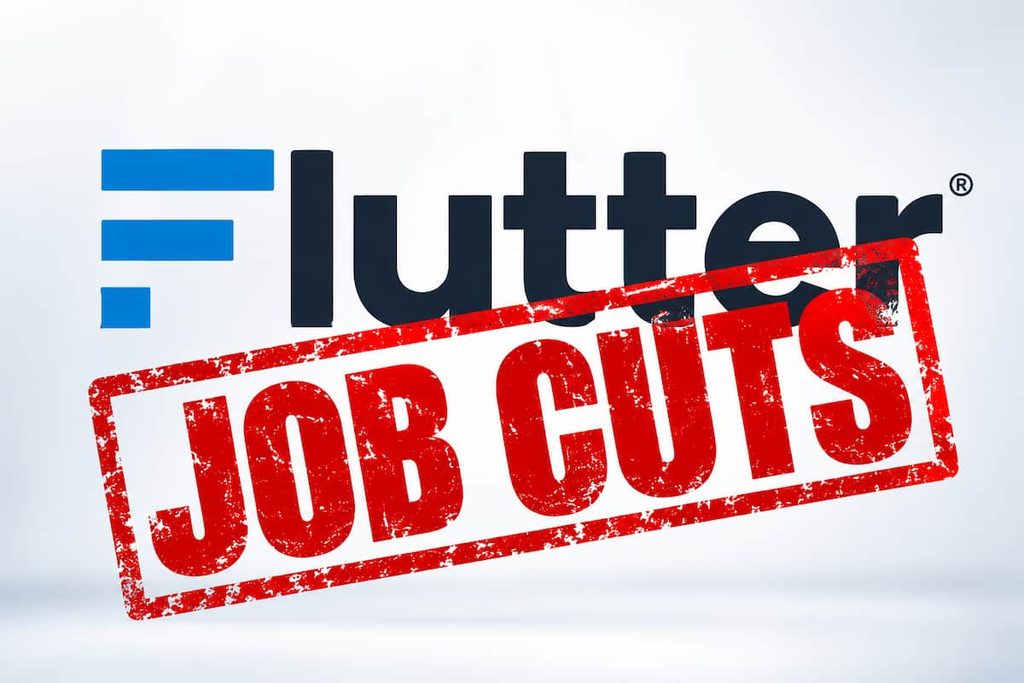 Flutter Entertainment logo with a red Job Cuts stamp highlighting plans to cut up to 1,400 jobs across its UK and Ireland operations.
