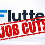 Flutter Entertainment logo with a red Job Cuts stamp highlighting plans to cut up to 1,400 jobs across its UK and Ireland operations.