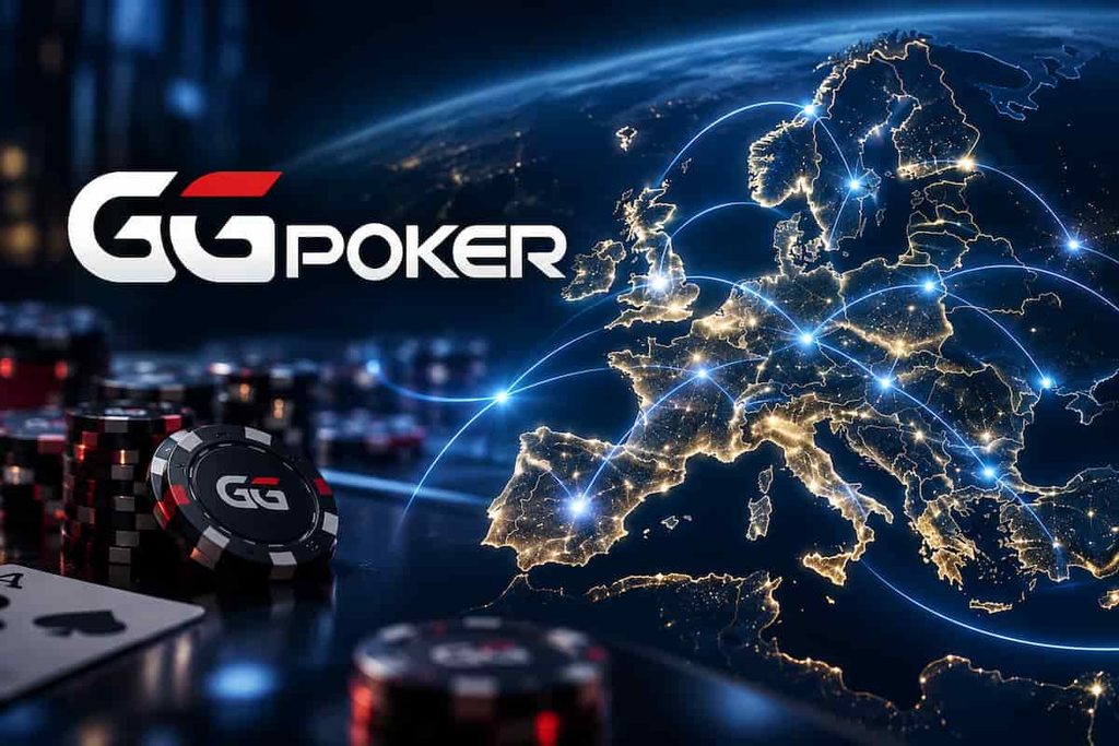 GGPoker logo beside an illuminated map of Europe with glowing connections between countries, illustrating the debate over shared online poker liquidity.