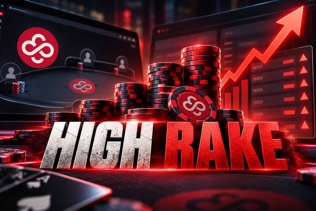 CoinPoker high rake controversy illustration featuring the operator’s logo, rising red arrows and stacks of poker chips highlighting increased cash-game rake charges.