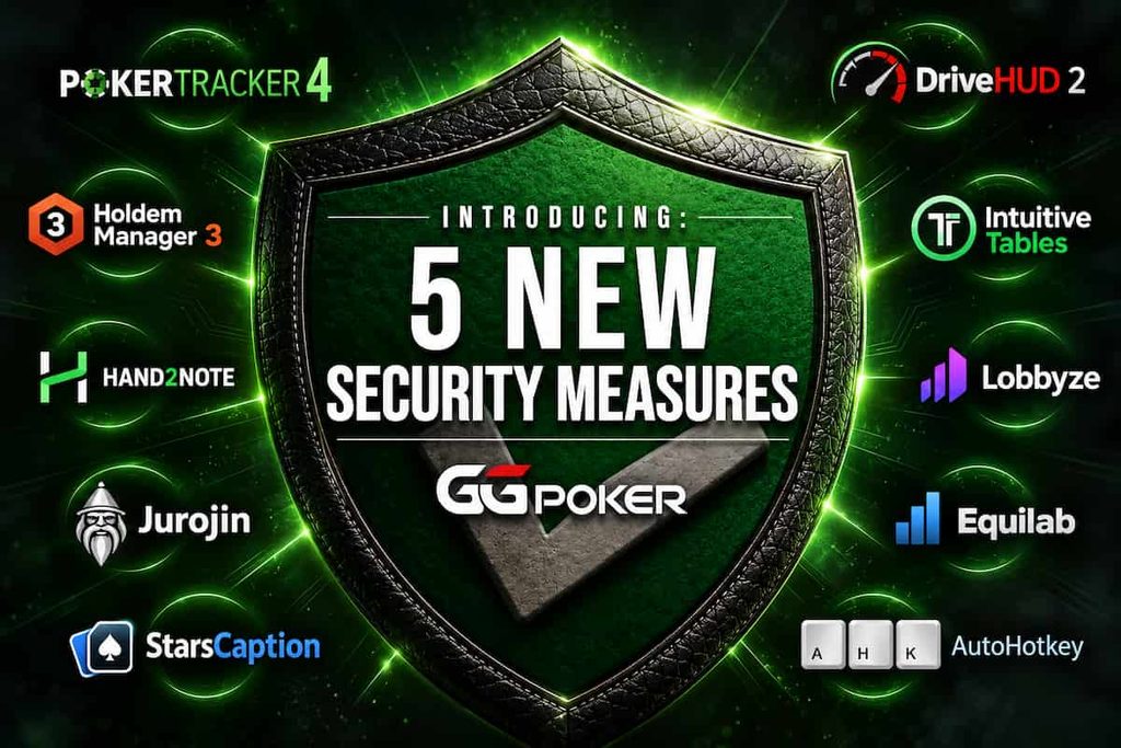 GGPoker announces five new security measures, with its logo surrounded by banned poker tools including PokerTracker 4, Holdem Manager 3, Jurojin, Hand2Note and DriveHUD 2.
