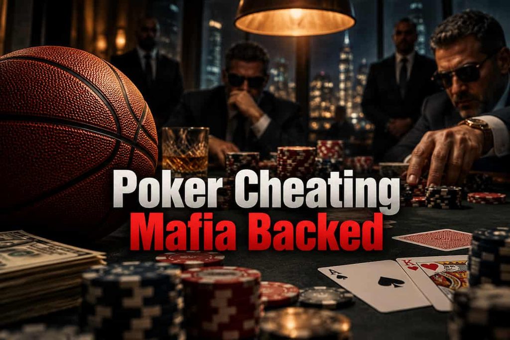 Basketball beside a high-stakes poker table with cards, chips and shadowy figures, illustrating the NBA-linked, mafia-backed poker cheating scandal.
