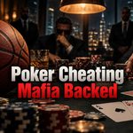 Basketball beside a high-stakes poker table with cards, chips and shadowy figures, illustrating the NBA-linked, mafia-backed poker cheating scandal.
