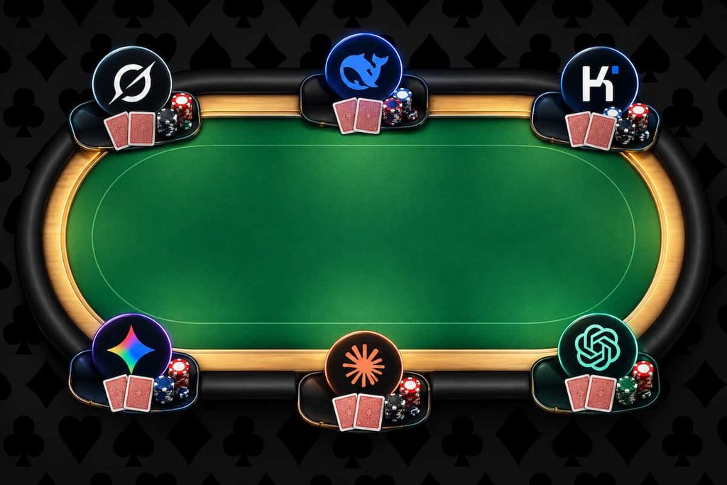 Six AI models, including ChatGPT, Claude, Gemini, Grok, DeepSeek and Kimi, compete around a green poker table with playing cards and chips in an AI poker bot showdown.