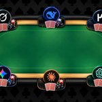 Six AI models, including ChatGPT, Claude, Gemini, Grok, DeepSeek and Kimi, compete around a green poker table with playing cards and chips in an AI poker bot showdown.