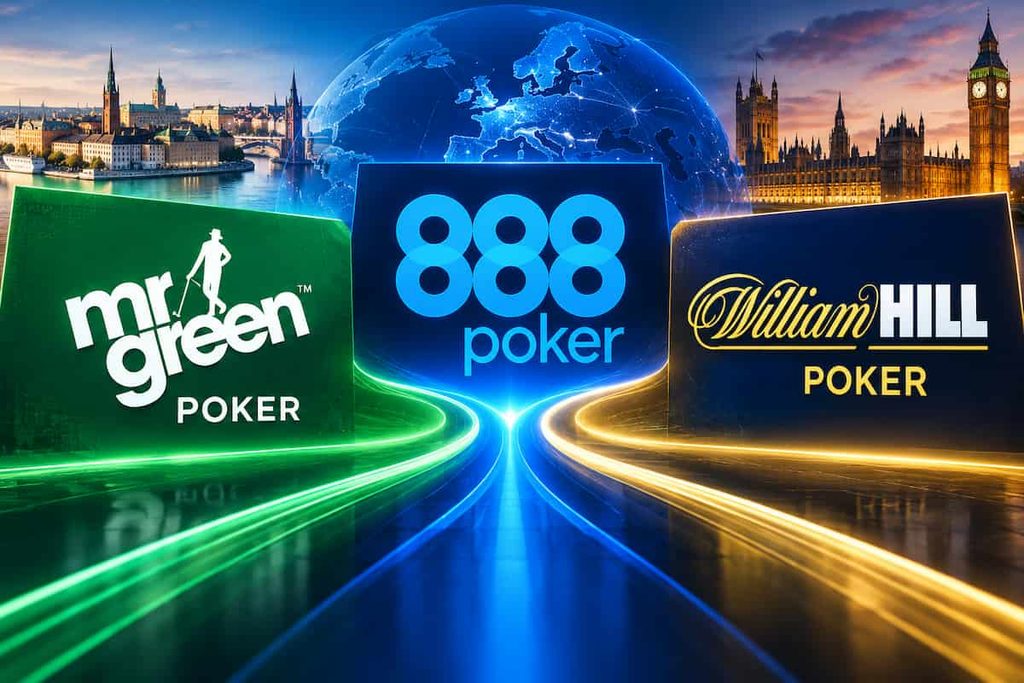 Mr Green Poker, 888poker and William Hill Poker logos connected by glowing green, blue and gold lines, with a digital map of Europe and London skyline in the background.