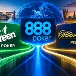 Mr Green Poker, 888poker and William Hill Poker logos connected by glowing green, blue and gold lines, with a digital map of Europe and London skyline in the background.