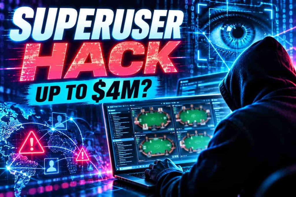 Illustration of a hooded hacker monitoring online poker tables, with a digital surveillance eye, cybersecurity alerts and the headline "Superuser Hack – Up to $4M?"