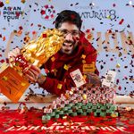 Nishant Sharma celebrates winning the 2025 APT Championship Main Event in Taipei, holding the Gold Lion trophy.