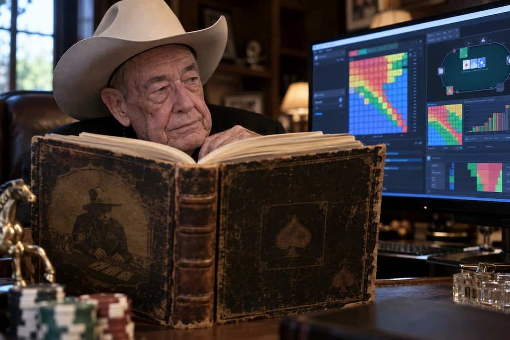 Doyle Brunson looks over an old book to glance at a PC screen showing GTO info.