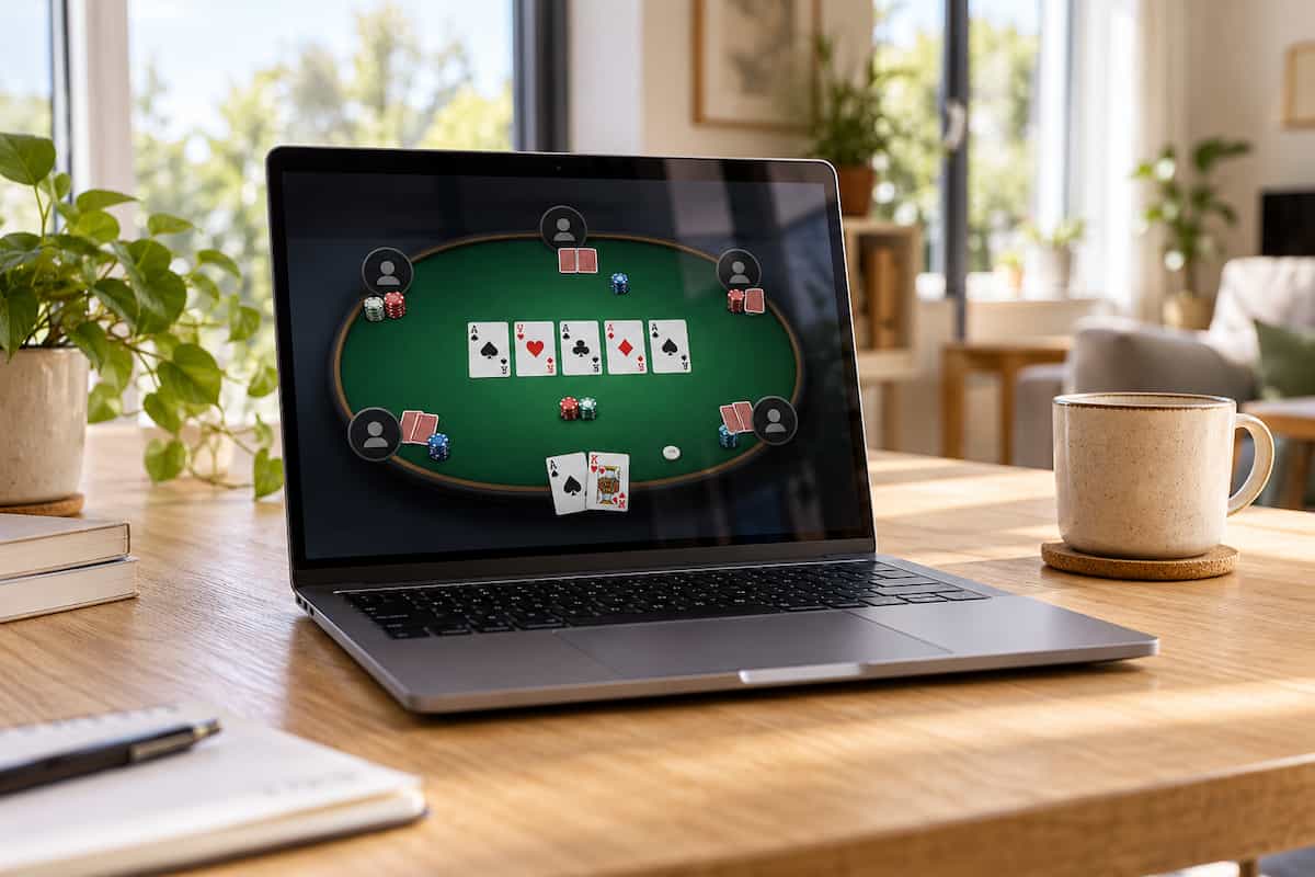 Online poker table displayed on a laptop in a bright modern home.