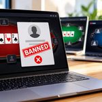 A laptop screen shows a poker account banned online.