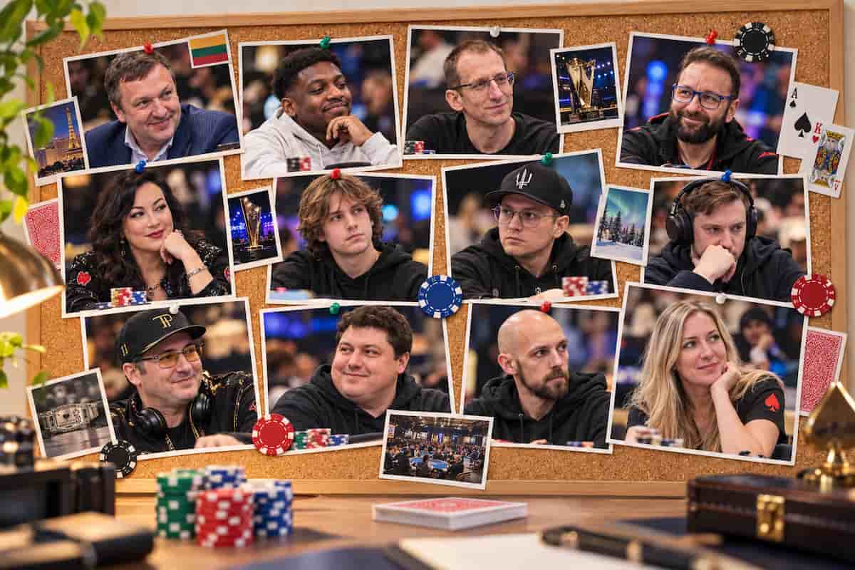 A noticeboard of famous poker players including Tony G, Jennifer Tilly and Daniel Negreanu.