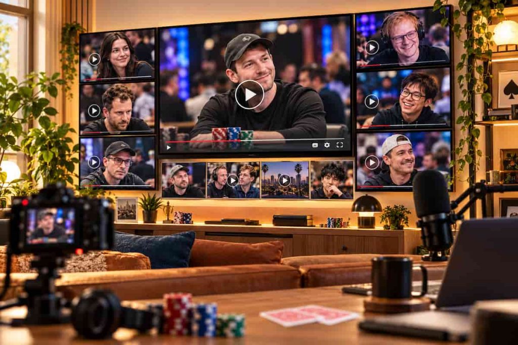 Multiple TV screens show various poker players.