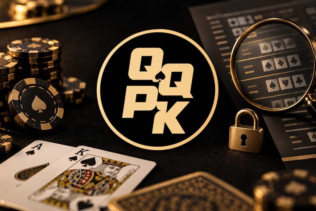 QQPK logo beside poker chips and cards, with a magnifying glass over hand-history records and a lock symbol.