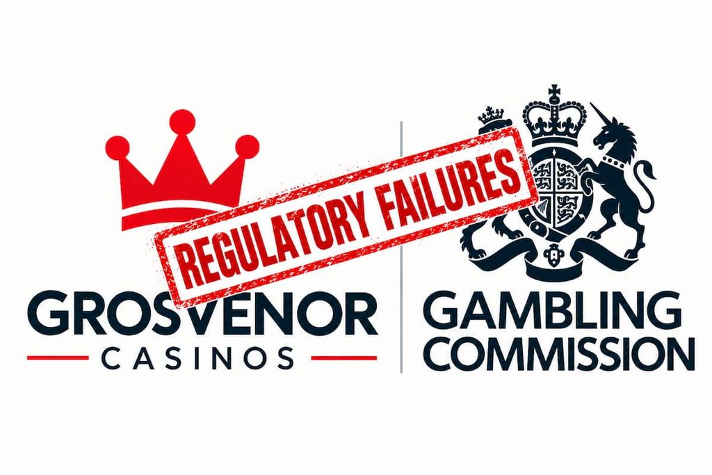 Grosvenor Casinos and Gambling Commission logos crossed by a distressed red “Regulatory Failures” stamp.
