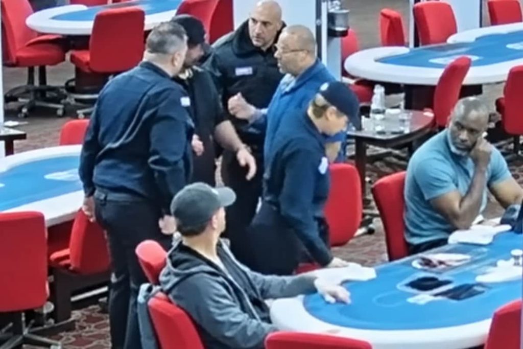 Enhanced CCTV still showing Sammy Farha confronting poker dealer Doug Caillier at Houston Social Cardroom, with security staff intervening during the October 2026 altercation.