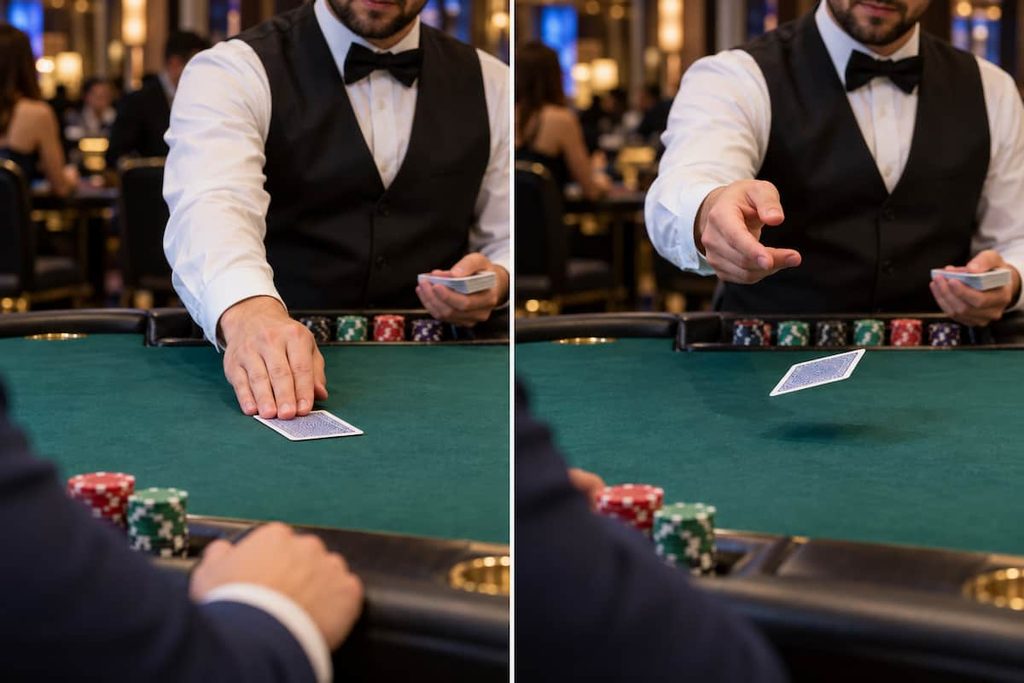 A dealer slide deals a card, while another dealer pitch deals a card.
