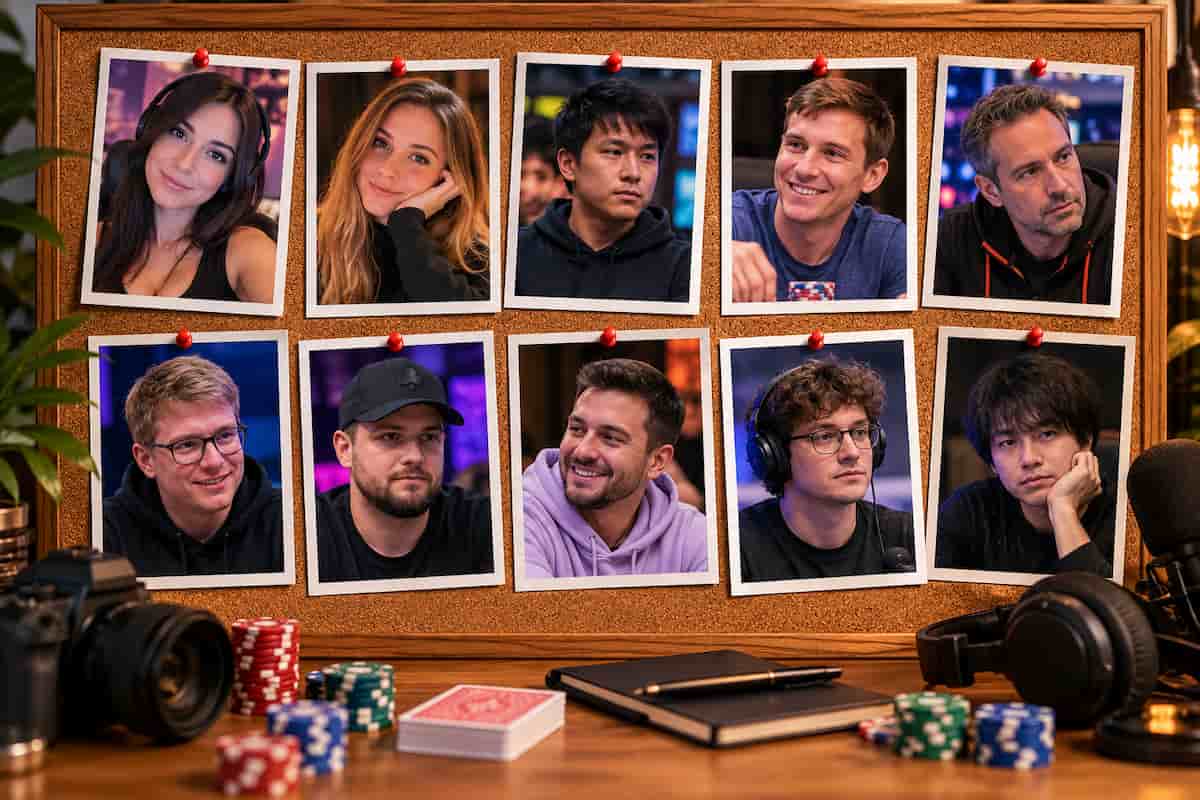 a cork noticeboard shows ten online poker creators.