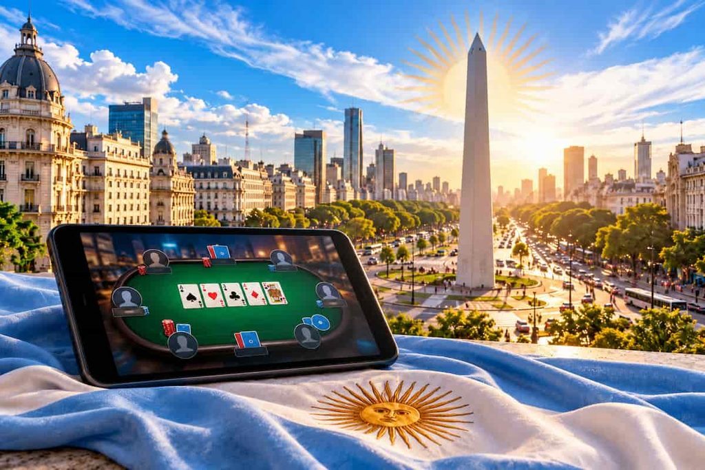 Argentinian flag draped across a desk with an online poker game on a tablet, overlooking the Obelisk in Buenos Aires as a proposed online poker ban is debated.