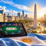 Argentinian flag draped across a desk with an online poker game on a tablet, overlooking the Obelisk in Buenos Aires as a proposed online poker ban is debated.