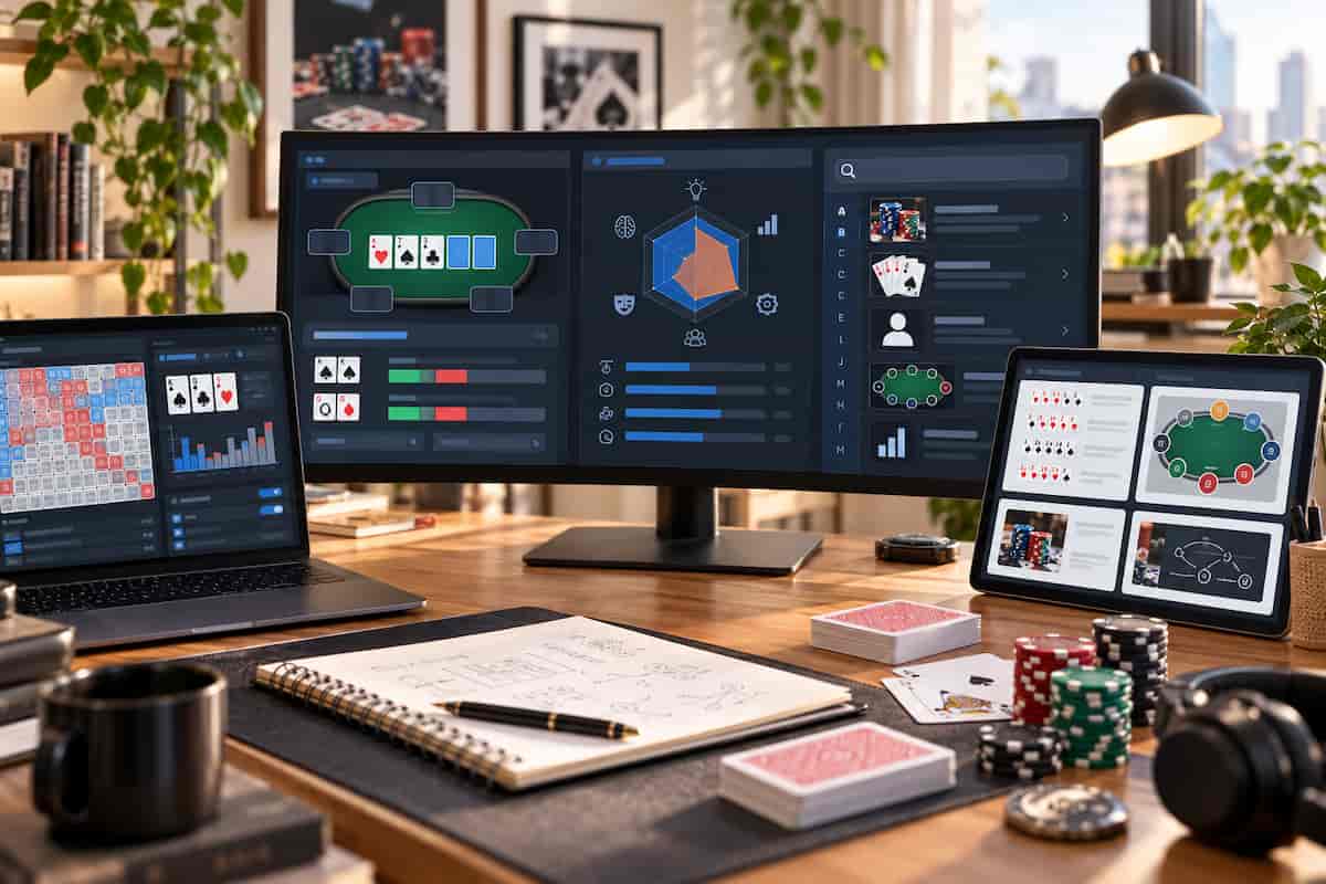 A large screen shows various tools in use for online pokrr.