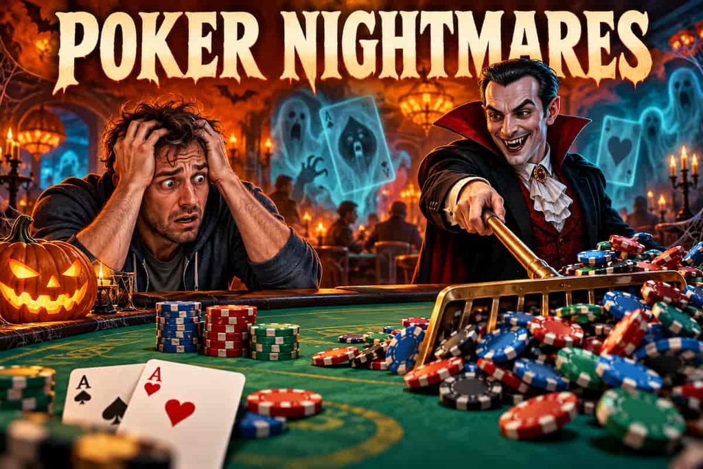 Vampire dealer rakes poker chips away from a worried player in a Halloween illustration captioned “Poker Nightmares”.