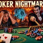 Vampire dealer rakes poker chips away from a worried player in a Halloween illustration captioned “Poker Nightmares”.