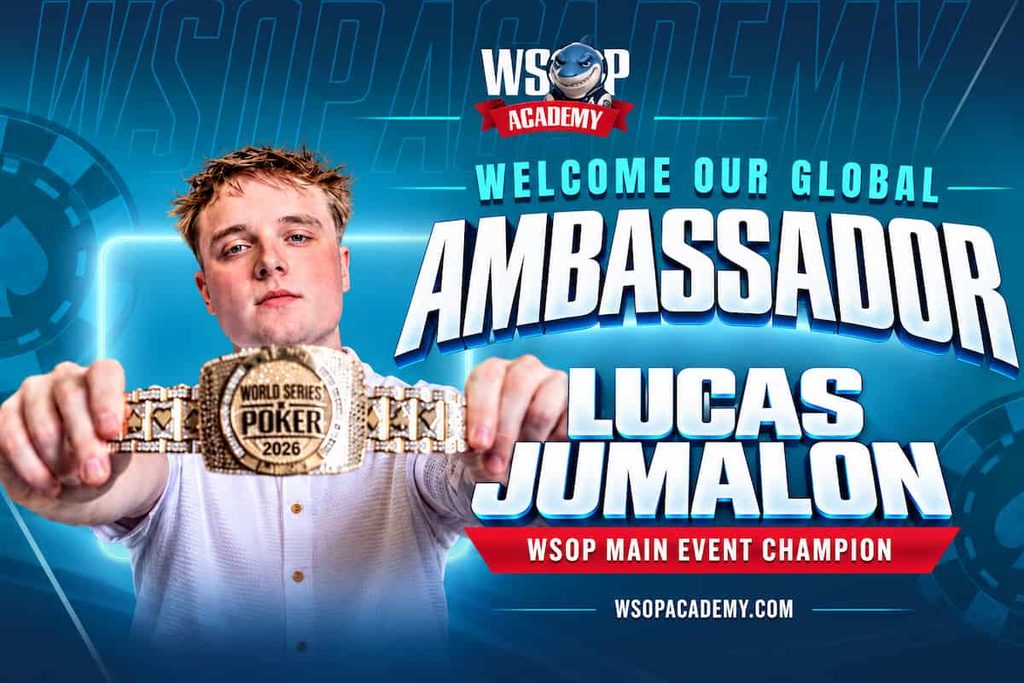 2026 WSOP Main Event champion Lucas Jumalon holds his gold bracelet as he is announced as a global ambassador for WSOP Academy.