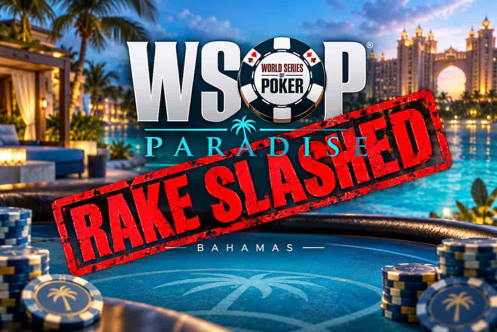 WSOP Paradise logo with a bold red "RAKE SLASHED" stamp, highlighting tournament fee reductions following criticism from Shaun Deeb.