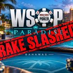 WSOP Paradise logo with a bold red "RAKE SLASHED" stamp, highlighting tournament fee reductions following criticism from Shaun Deeb.